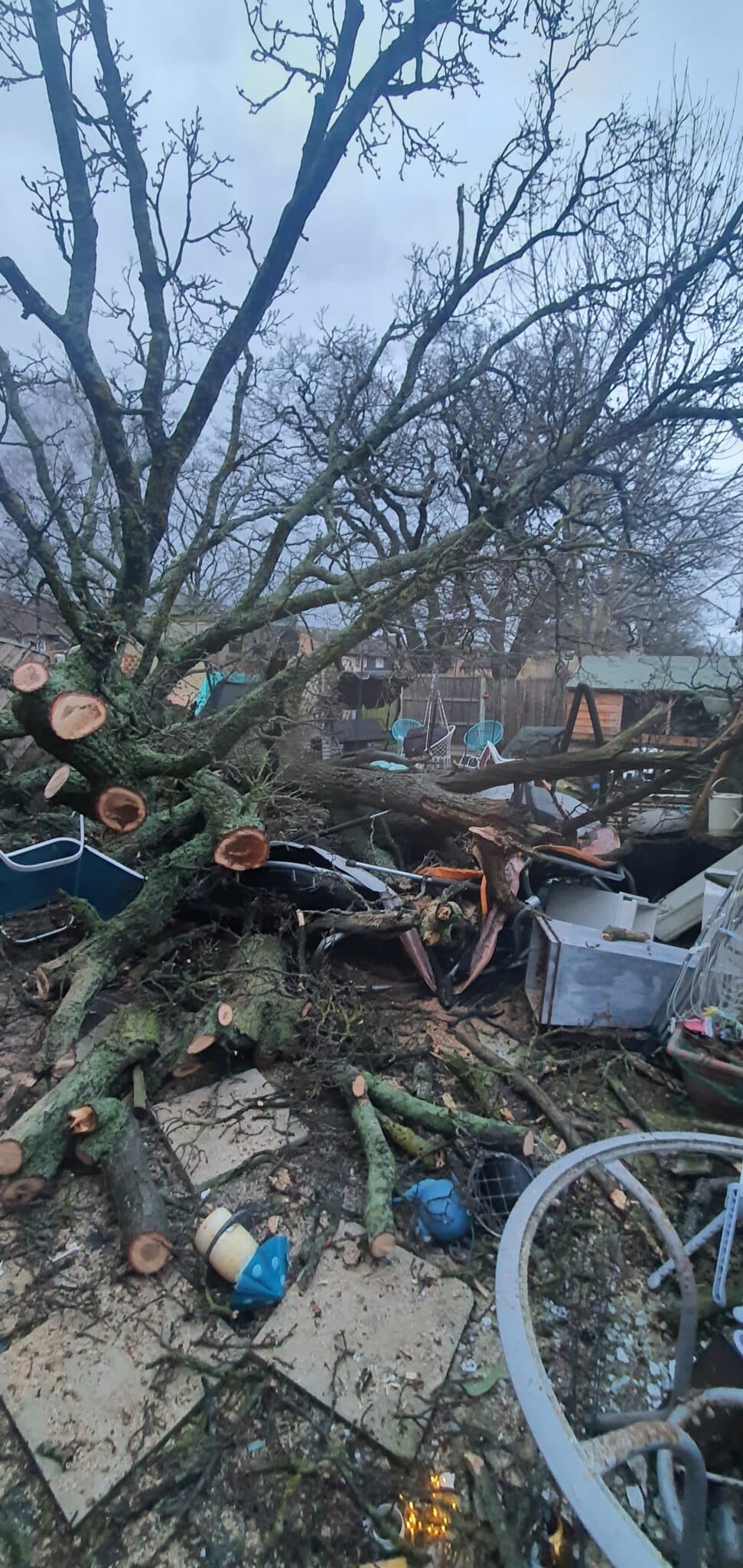 20240207_165254 A large tree has fallen, crushing playground equipment and debris in a garden. Broken branches, toys, and scattered items are visible among the wreckage beneath the tree on a cloudy day.
