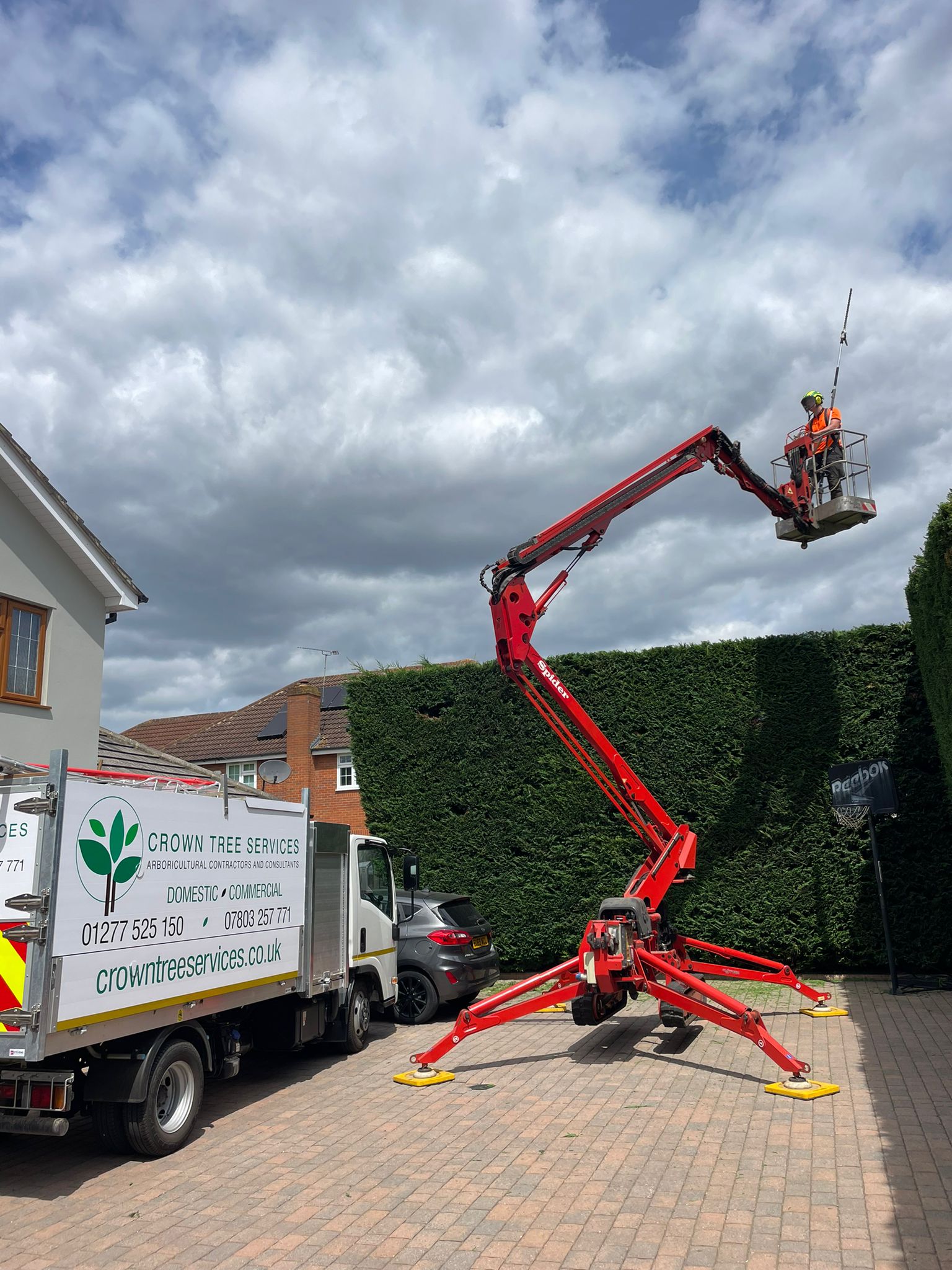 hedge-trimming-crown-tree-services A tree worker in a lift trims tall hedges next to a house. A white Crown Tree Services lorry with equipment is parked on a brick drive under a partly cloudy sky.
