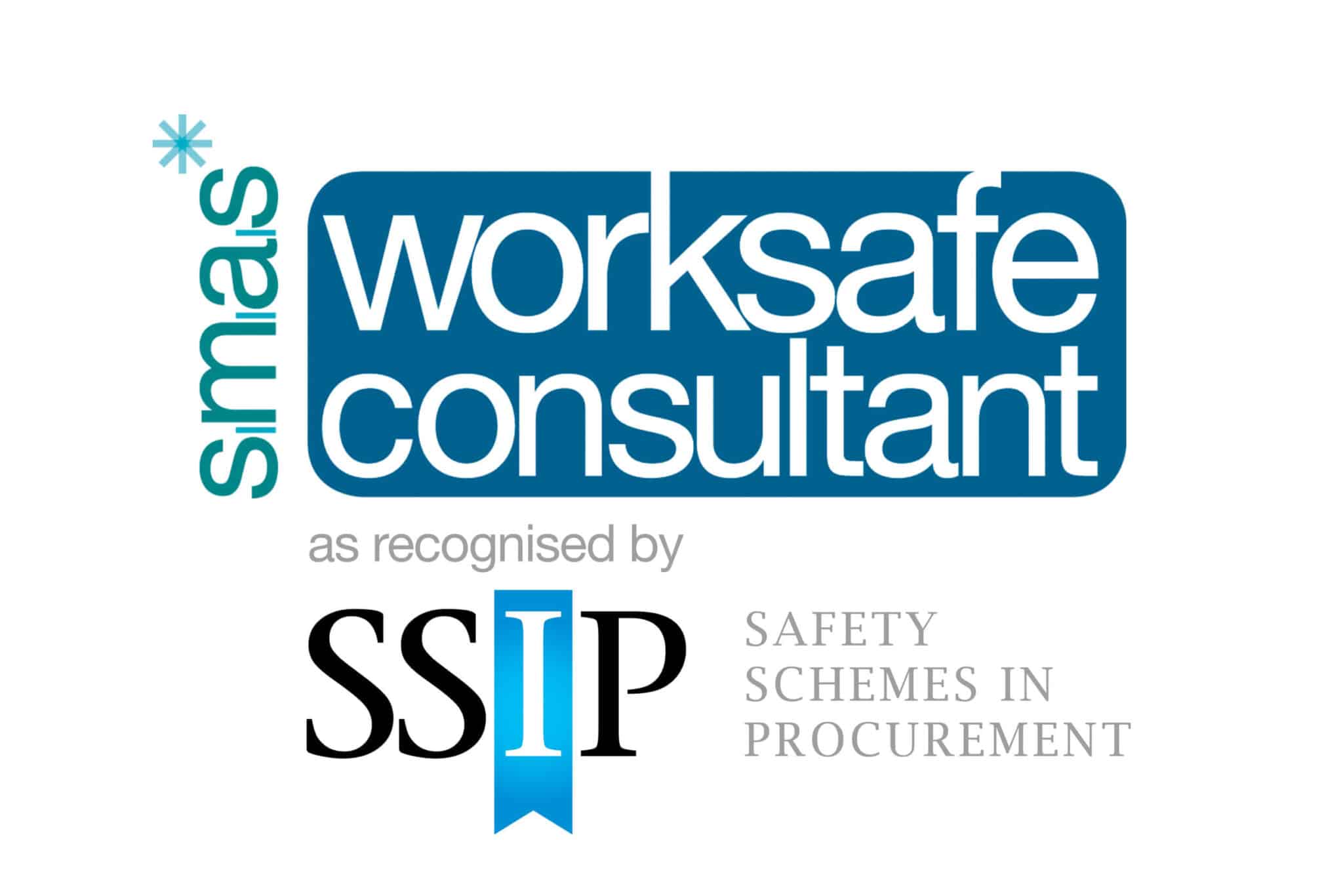 Worksafe-consultant-Logo-Portrait-1-resized Blue and white logo reading “SMAS Worksafe Consultant as recognised by SSIP Safety Schemes in Procurement” with bold styling and a blue ribbon under the “I” in “SSIP”.